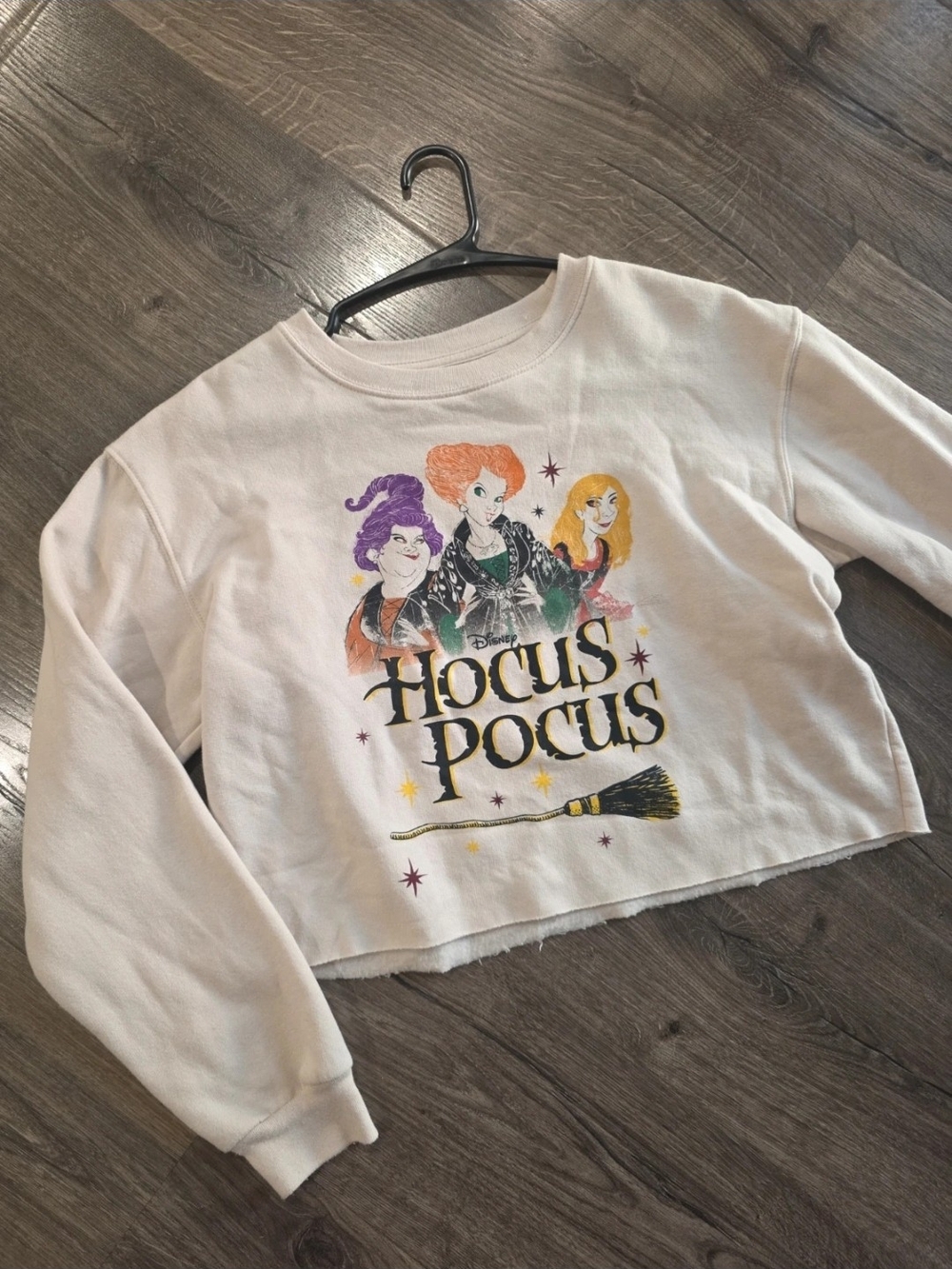 Disney Hocus Pocus White Cropped Crewneck Sweatshirt with Colorful Witch Art